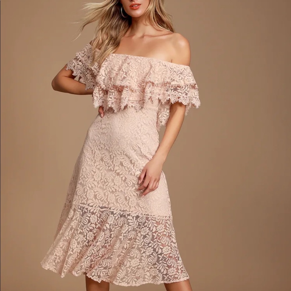 Lulu’s Jaclyn Blush Pink Lace Off-the-Shoulder Dress